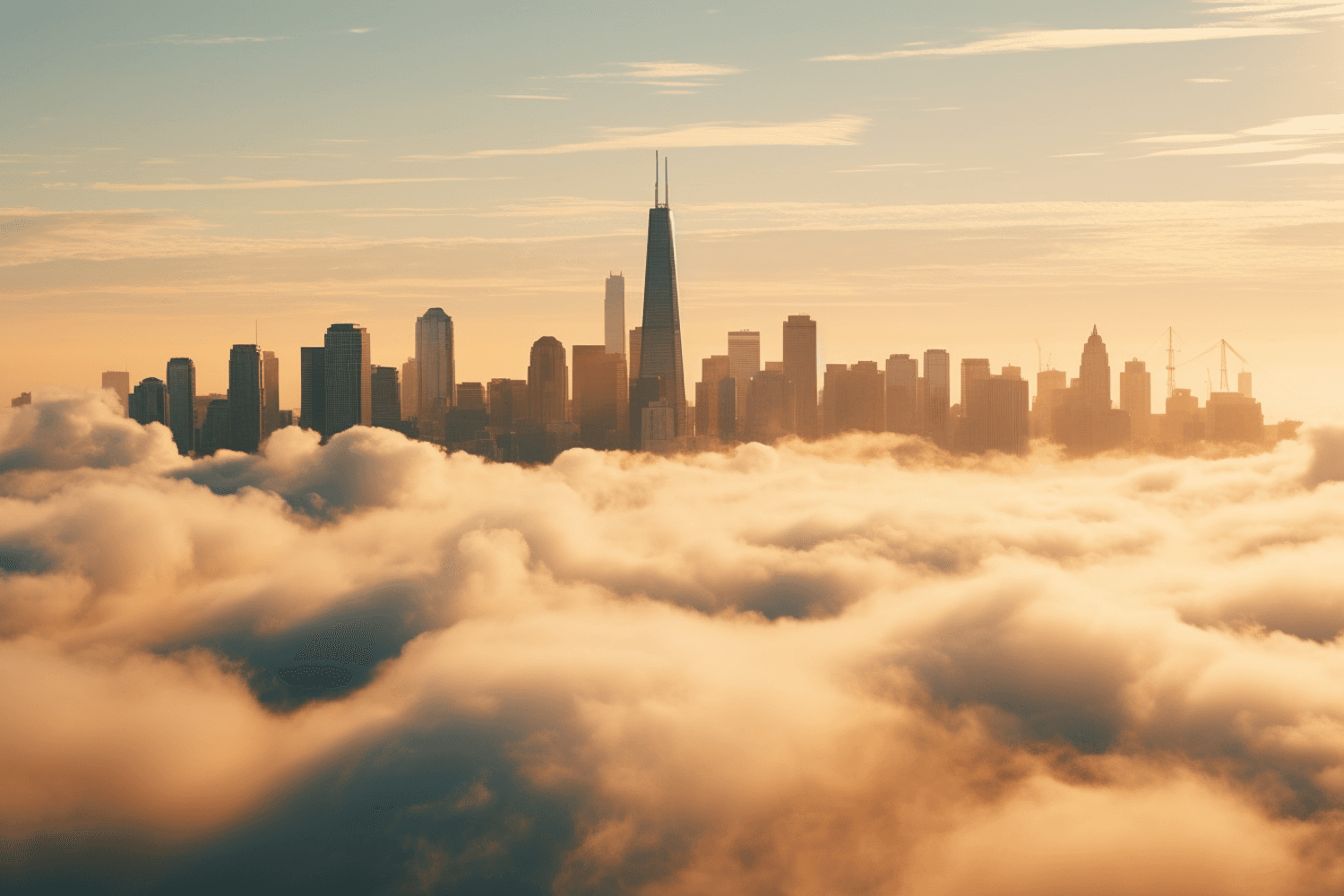 A city skyline rising out of a warm, hazy cloud layer at sunrise
