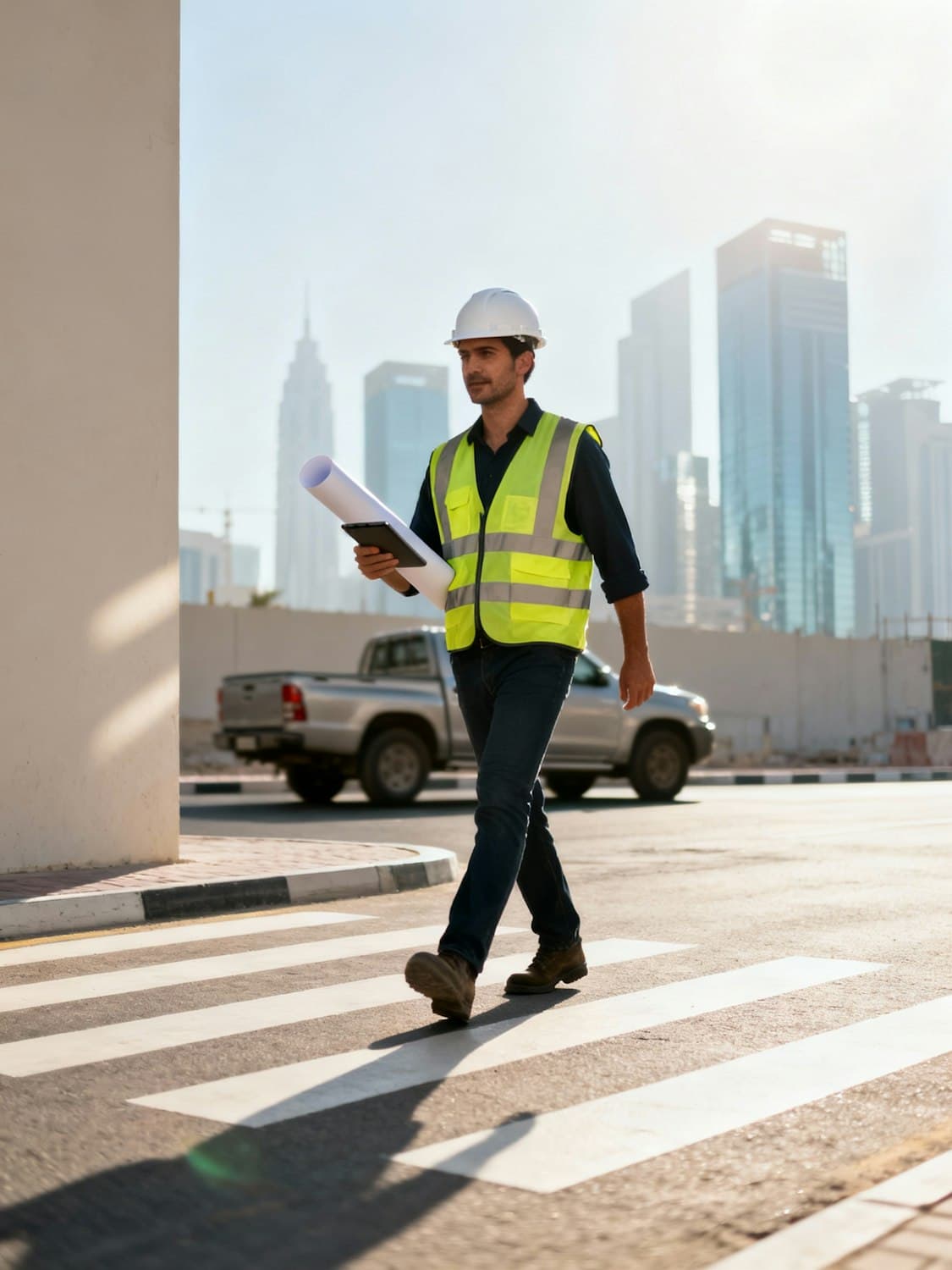 A site engineer in a hard hat and high-visibility vest crossing a sunlit street